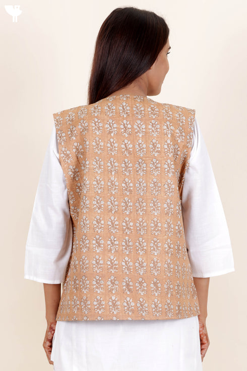 Cotton Sleeveless Jacket  In Floral Block Print